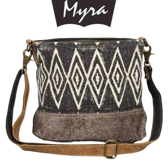 Myra Bag Azure Upcycled Canvas & Cowhide Leather Shoulder Bag NWOT - Picture 1 of 14